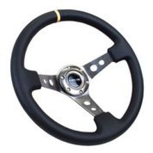 गैलरी व्यूवर में इमेज लोड करें, NRG Reinforced Steering Wheel (350mm / 3in. Deep) Blk Leather w/Gunmetal Cutout Spoke &amp; Yellow CM