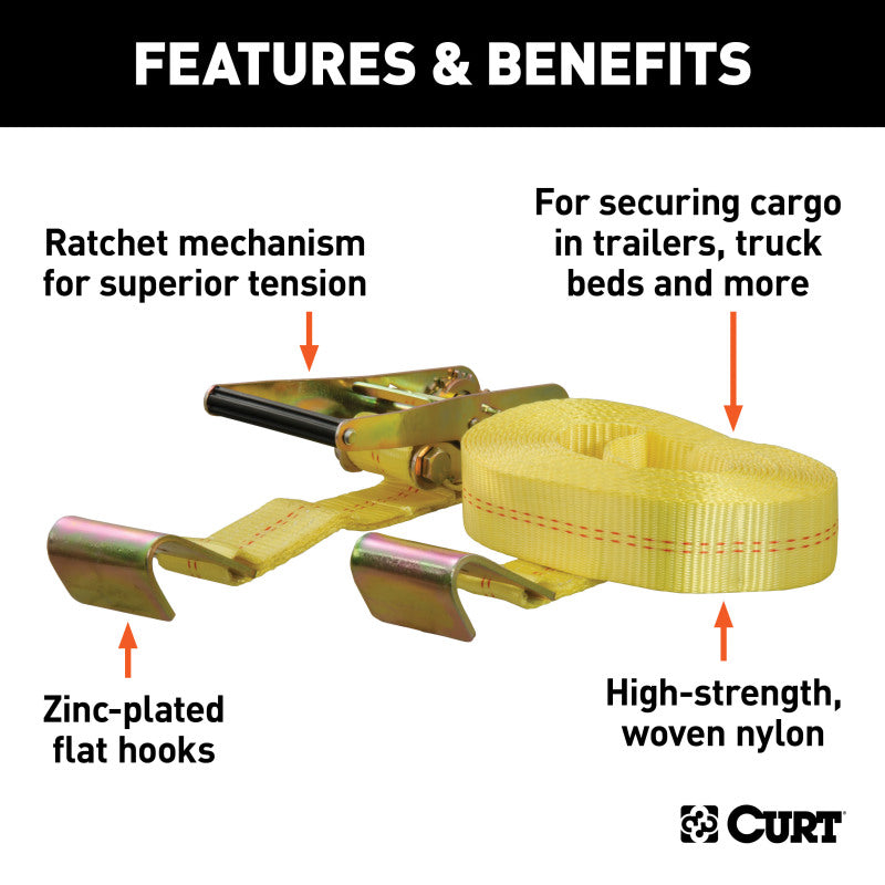 Curt 27ft Yellow Cargo Strap w/Flat Hooks (3333lbs)