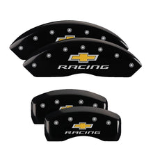Laden Sie das Bild in den Galerie-Viewer, MGP 4 Caliper Covers Engraved Front &amp; Rear Chevy racing Black finish silver ch