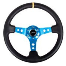 गैलरी व्यूवर में इमेज लोड करें, NRG Reinforced Steering Wheel (350mm / 3in. Deep) Blk Leather w/Blue Circle Cutout Spokes