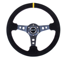 Laden Sie das Bild in den Galerie-Viewer, NRG Reinforced Steering Wheel (350mm / 3in. Deep) Blk Suede w/Circle Cut Spokes &amp; Single Yellow CM