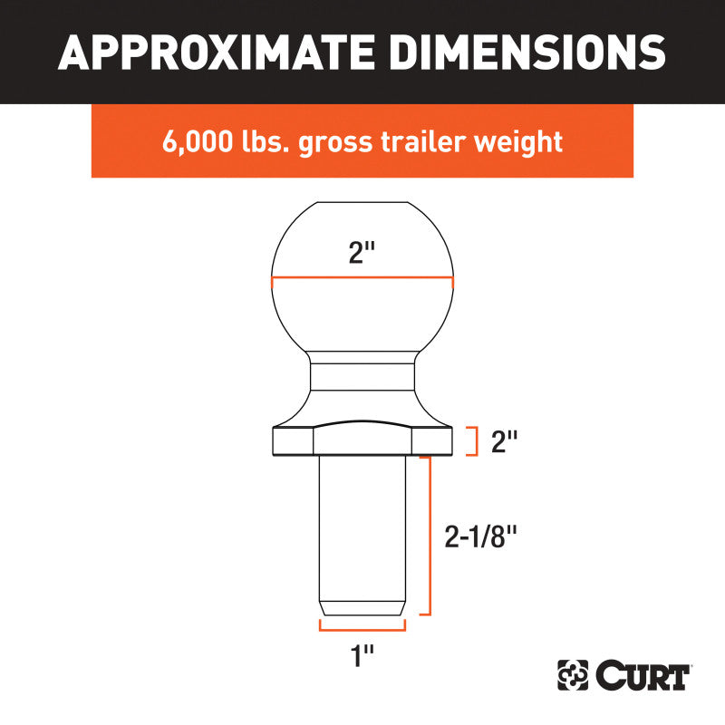 Curt 2in Trailer Ball (1in x 2-1/8in Shank 2in Rise 6000lbs Chrome)