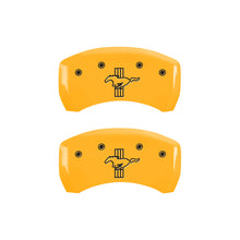 Cargar imagen en el visor de la galería, MGP 4 Caliper Covers Engraved Front Mustang Rear Bar &amp; Pony Yellow Finish Blk Char 2006 Ford Mustang