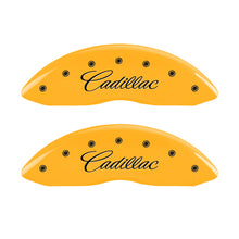 Cargar imagen en el visor de la galería, MGP 4 Caliper Covers Engraved Front &amp; Rear Cursive/Cadillac Yellow finish black ch