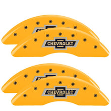 गैलरी व्यूवर में इमेज लोड करें, MGP 4 Caliper Covers Engraved F &amp; R 100th Anniv Yellow Finish Black Char 2019 Chevy Silverado 2500HD