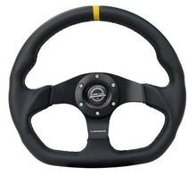 Laden Sie das Bild in den Galerie-Viewer, NRG Reinforced Steering Wheel (320mm) Sport Leather Dual Push Buttons Flat Bottom w/ Yellow Center