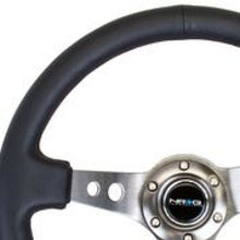 Carica l&#39;immagine nel visualizzatore di Gallery, NRG Reinforced Steering Wheel (350mm / 3in. Deep) Blk Leather w/Gunmetal Circle Cutout Spokes
