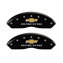 Cargar imagen en el visor de la galería, MGP 4 Caliper Covers Engraved F &amp; R Chevy Racing Black Finish Silver Char 2017 Chevrolet Camaro
