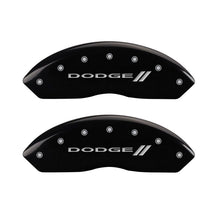 Charger l&#39;image dans la galerie, MGP 4 Caliper Covers Engraved Front &amp; Rear With stripes/Dodge Black finish silver ch