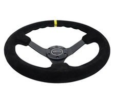 गैलरी व्यूवर में इमेज लोड करें, NRG Reinforced Steering Wheel (350mm / 3in. Deep) Blk Suede/X-Stitch w/5mm Blk Spoke &amp; Yellow CM