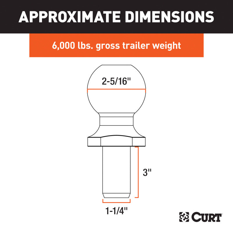 Curt 2-5/16in Trailer Ball (1-1/4in x 3in Shank 6000lbs Chrome)