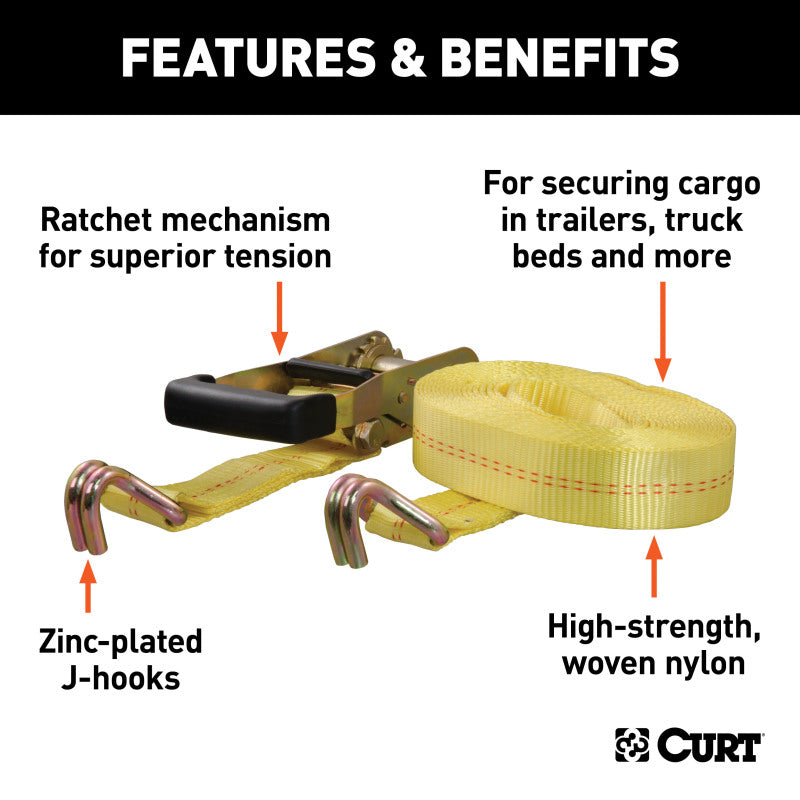 Curt 27ft Yellow Cargo Strap w/J-Hooks (3333lbs)