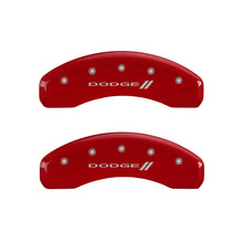 Cargar imagen en el visor de la galería, MGP 4 Caliper Covers Engraved Front &amp; Rear With stripes/Dodge Red finish silver ch