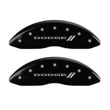 Charger l&#39;image dans la galerie, MGP 4 Caliper Covers Engraved Front &amp; Rear With stripes/Dodge Black finish silver ch
