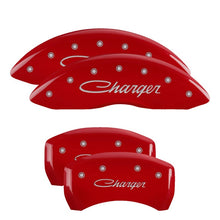 Cargar imagen en el visor de la galería, MGP 4 Caliper Covers Engraved Front &amp; Rear Cursive/Charger Red finish silver ch