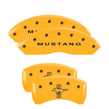 Cargar imagen en el visor de la galería, MGP 4 Caliper Covers Engraved Front Mustang Rear Bar &amp; Pony Yellow Finish Blk Char 2006 Ford Mustang
