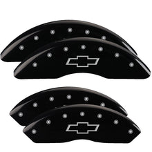 Cargar imagen en el visor de la galería, MGP 4 Caliper Covers Engraved Front &amp; Rear Bowtie Black finish silver ch