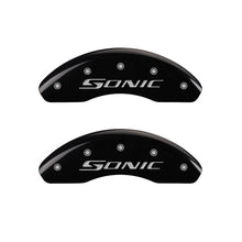 गैलरी व्यूवर में इमेज लोड करें, MGP Front set 2 Caliper Covers Engraved Front Sonic Black finish silver ch