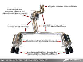 AWE Tuning Audi B8 A4 3.2L Touring Edition Exhaust - Quad 90mm (3.54in) Diamond Black Tips