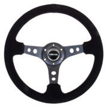 Laden Sie das Bild in den Galerie-Viewer, NRG Reinforced Steering Wheel (350mm / 3in. Deep) Blk Suede/Blk Stitch w/Black Circle Cutout Spokes