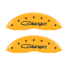 Carica l&#39;immagine nel visualizzatore di Gallery, MGP 4 Caliper Covers Engraved Front &amp; Rear 05-10 Dodge Charger R/T Yellow Finish Black Cursive Logo
