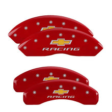 Cargar imagen en el visor de la galería, MGP 4 Caliper Covers Engraved Front &amp; Rear Chevy Racing Red Finish Silver Char 2017 Chevrolet Camaro