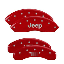 Cargar imagen en el visor de la galería, MGP 4 Caliper Covers Engraved Front JEEP Engraved Rear JEEP Grill logo Red finish silver ch