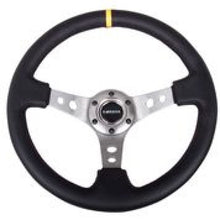 गैलरी व्यूवर में इमेज लोड करें, NRG Reinforced Steering Wheel (350mm / 3in. Deep) Blk Leather w/Gunmetal Cutout Spoke &amp; Yellow CM