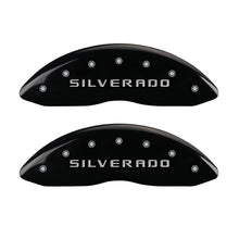 गैलरी व्यूवर में इमेज लोड करें, MGP Front set 2 Caliper Covers Engraved Front Silverado Black finish silver ch