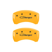Carica l&#39;immagine nel visualizzatore di Gallery, MGP 4 Caliper Covers Engraved Front &amp; Rear 05-10 Dodge Charger R/T Yellow Finish Black Cursive Logo