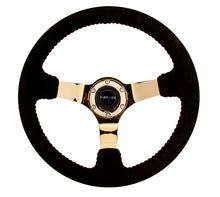 Laden Sie das Bild in den Galerie-Viewer, NRG Reinforced Steering Wheel (350mm / 3in. Deep) Blk Suede w/Red BBall Stitch &amp; Chrome Gold 3-Spoke