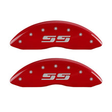 Load image into Gallery viewer, MGP Front set 2 Caliper Covers Engraved Front Silverado style/SS Red finish silver ch