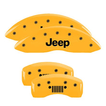 Cargar imagen en el visor de la galería, MGP 4 Caliper Covers Engraved Front JEEP Engraved Rear JEEP Grill logo Yellow finish black ch