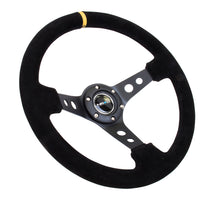 Laden Sie das Bild in den Galerie-Viewer, NRG Reinforced Steering Wheel (350mm / 3in. Deep) Blk Suede w/Circle Cut Spokes &amp; Single Yellow CM