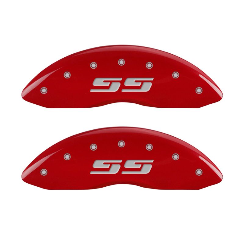 MGP Front set 2 Caliper Covers Engraved Front Silverado style/SS Red finish silver ch