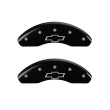 Cargar imagen en el visor de la galería, MGP 4 Caliper Covers Engraved Front &amp; Rear Bowtie Black finish silver ch