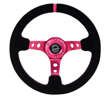 गैलरी व्यूवर में इमेज लोड करें, NRG Reinforced Steering Wheel (350mm/ 3in. Deep) Black Suede/ Fushia Center Mark/ Fushia Stitching