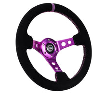 Laden Sie das Bild in den Galerie-Viewer, NRG Reinforced Steering Wheel (350mm / 3in. Deep) Black Suede w/Purple Center &amp; Purple Stitching