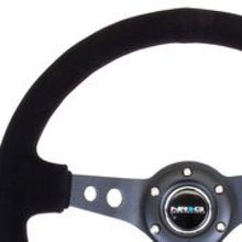 Laden Sie das Bild in den Galerie-Viewer, NRG Reinforced Steering Wheel (350mm / 3in. Deep) Blk Suede/Blk Stitch w/Black Circle Cutout Spokes