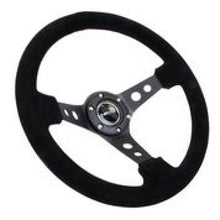 Laden Sie das Bild in den Galerie-Viewer, NRG Reinforced Steering Wheel (350mm / 3in. Deep) Blk Suede/Blk Stitch w/Black Circle Cutout Spokes
