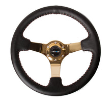 गैलरी व्यूवर में इमेज लोड करें, NRG Reinforced Steering Wheel (350mm / 3in. Deep) Blk Leather/Red BBall Stitch w/4mm Gold Spokes