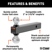 Carica l&#39;immagine nel visualizzatore di Gallery, Curt Multi-Ball Mount (2in Solid Shank 2in &amp; 2-5/16in Chrome Balls)