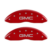 Cargar imagen en el visor de la galería, MGP 4 Caliper Covers Engraved Front &amp; Rear GMC Red Finish Silver Char 2011 GMC Savana 2500