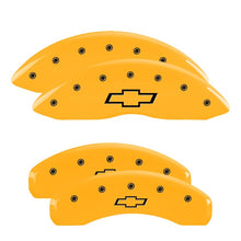 Cargar imagen en el visor de la galería, MGP 4 Caliper Covers Engraved F &amp; R Bowtie Yellow Finish Black Char 2019 Chevrolet Silverado 1500