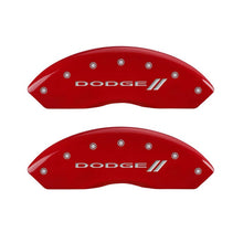 Cargar imagen en el visor de la galería, MGP 4 Caliper Covers Engraved Front &amp; Rear With stripes/Dodge Red finish silver ch