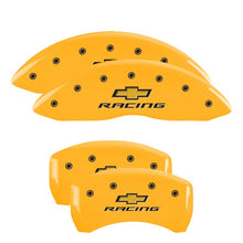 Cargar imagen en el visor de la galería, MGP 4 Caliper Covers Engraved Front &amp; Rear Chevy racing Yellow finish black ch
