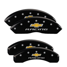 Cargar imagen en el visor de la galería, MGP 4 Caliper Covers Engraved F &amp; R Chevy Racing Black Finish Silver Char 2017 Chevrolet Camaro