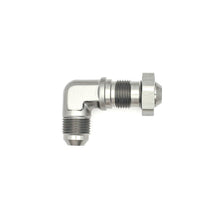 गैलरी व्यूवर में इमेज लोड करें, DeatschWerks 8AN Male Flare to 8AN Male Flare Bulkhead Adapter 90-Degree - Anodized Matte Black