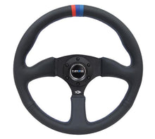 गैलरी व्यूवर में इमेज लोड करें, NRG Reinforced Steering Wheel (350mm / 2.5in Deep) Blk Leather w/M3 stitch Matte Blk 3-Spoke Center