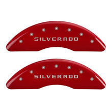 Charger l&#39;image dans la galerie, MGP 4 Caliper Covers Engraved Front &amp; Rear Silverado Red finish silver ch